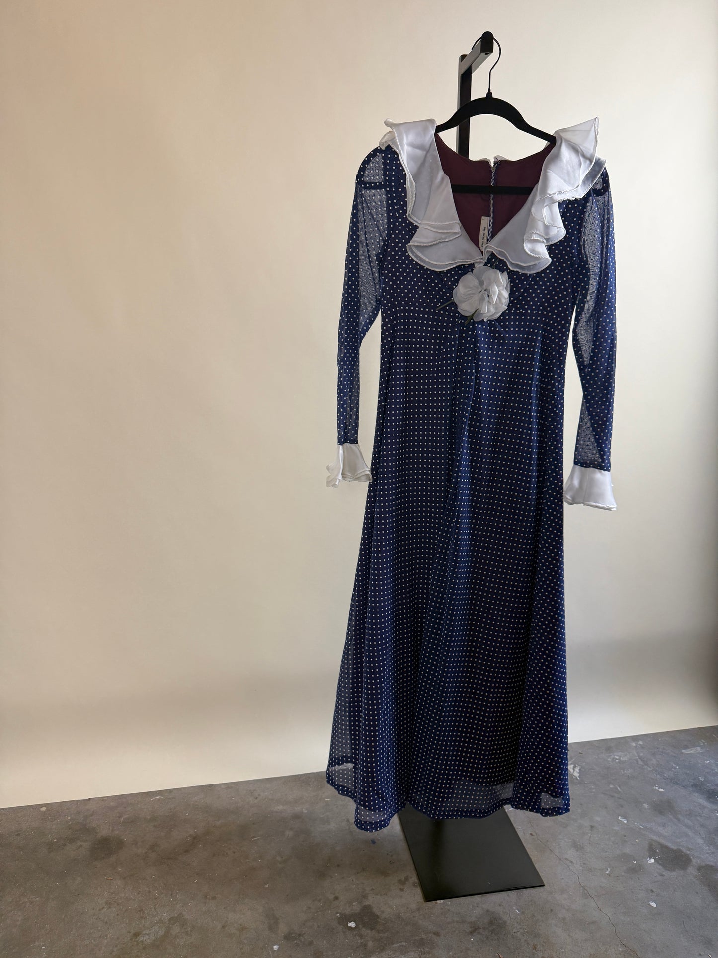 70s Polka Dot Prarie Dress with Flutter Collar & Flower Detail