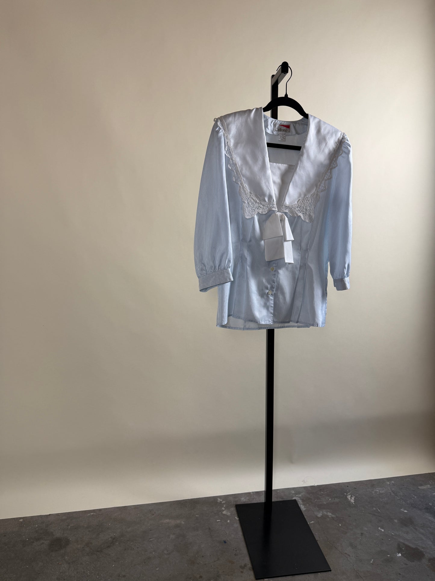 Sailor Style Pinstripe Blouse with Lace Collar & Bow