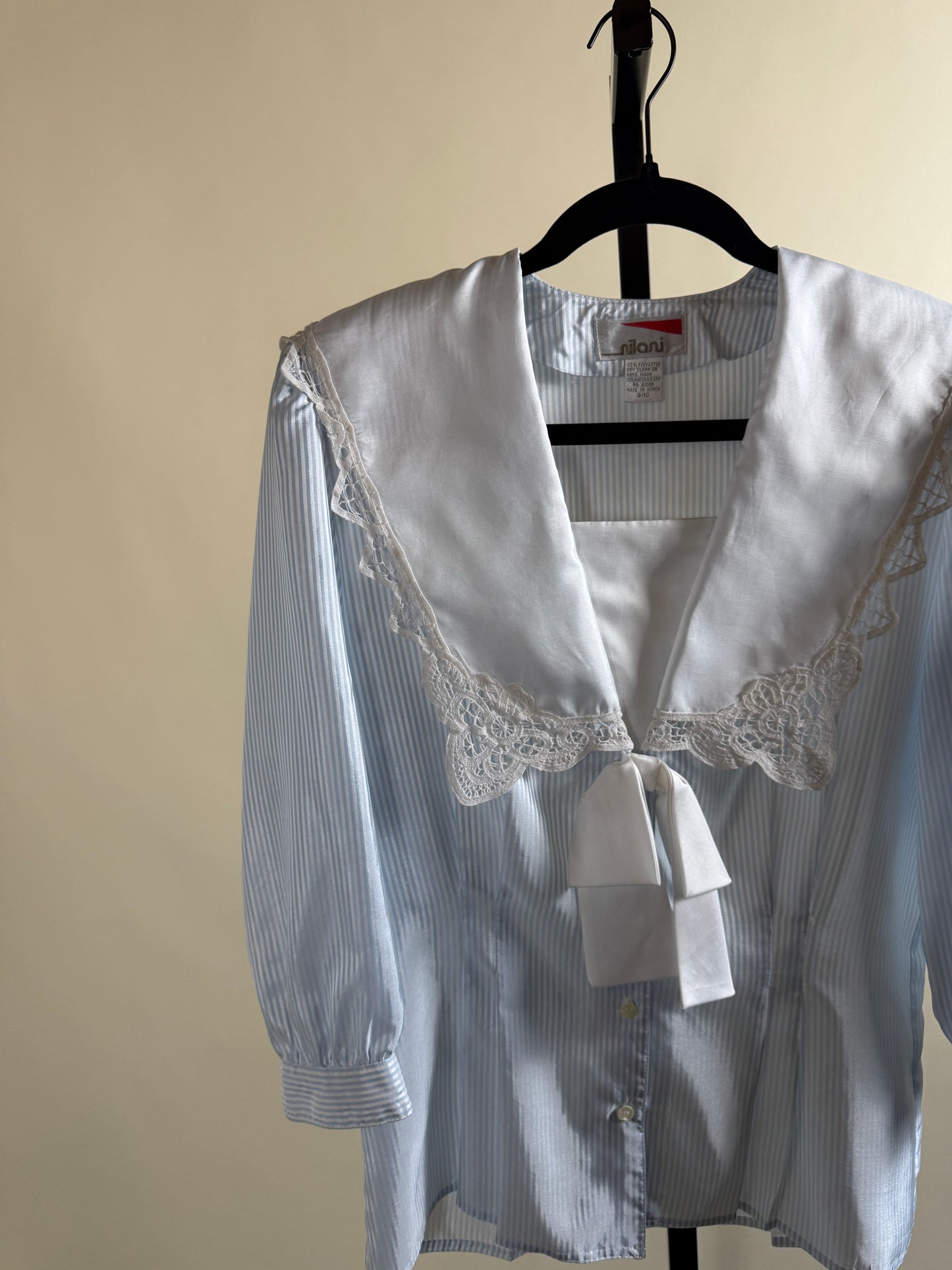 Sailor Style Pinstripe Blouse with Lace Collar & Bow