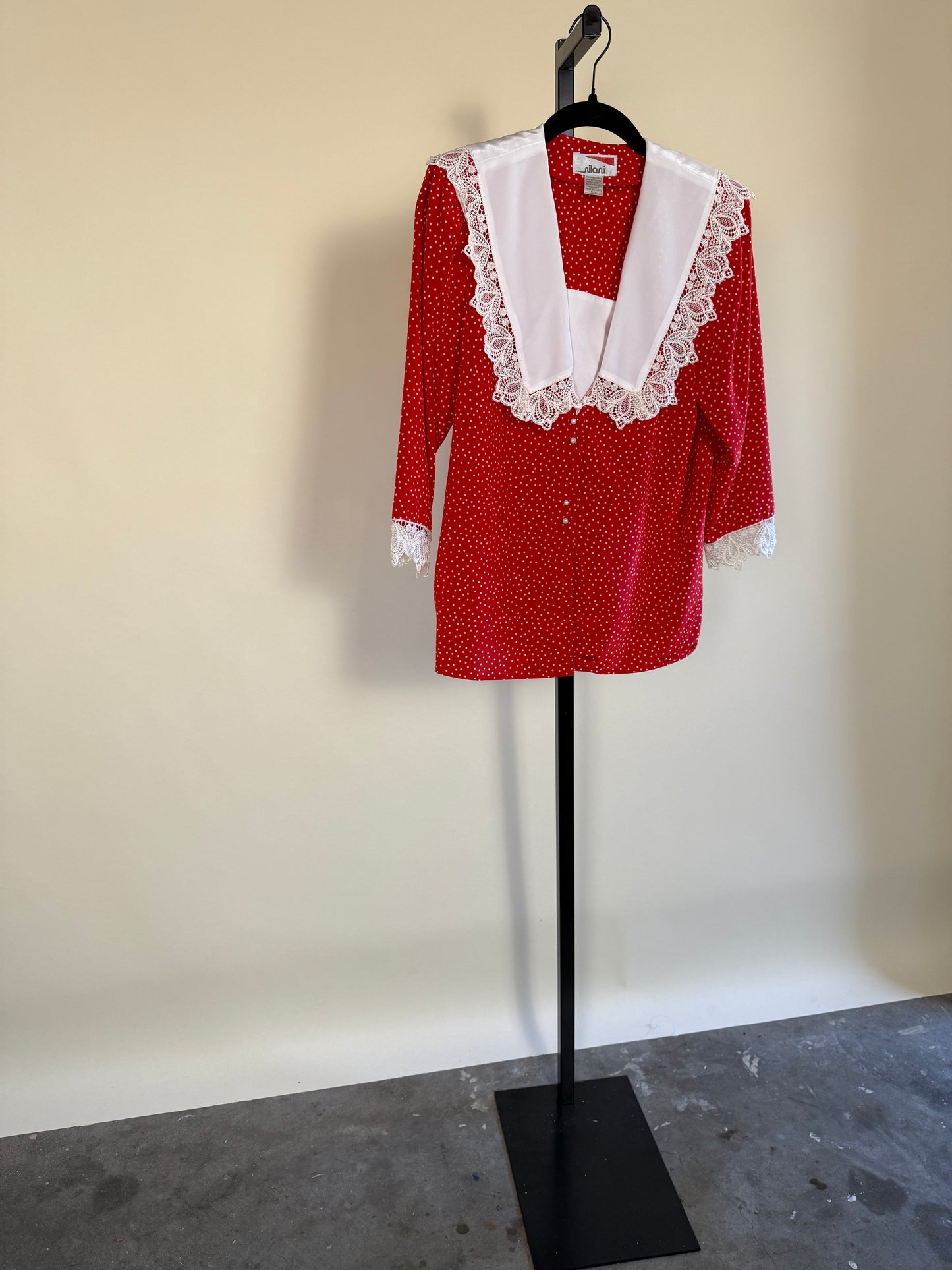 Red Polka Dot 80's Blouse with Lace Collar