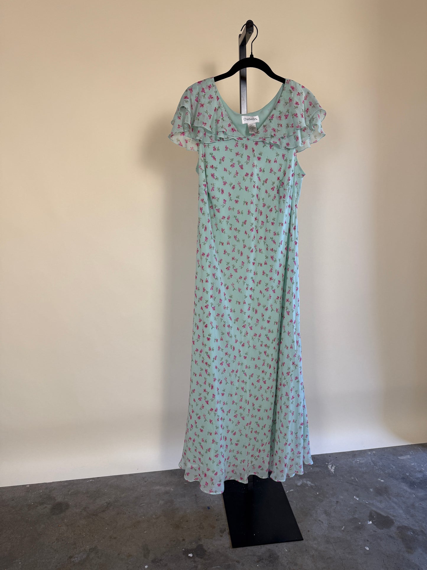 90s Mint Floral Midi Dress with Flutter Sleeves