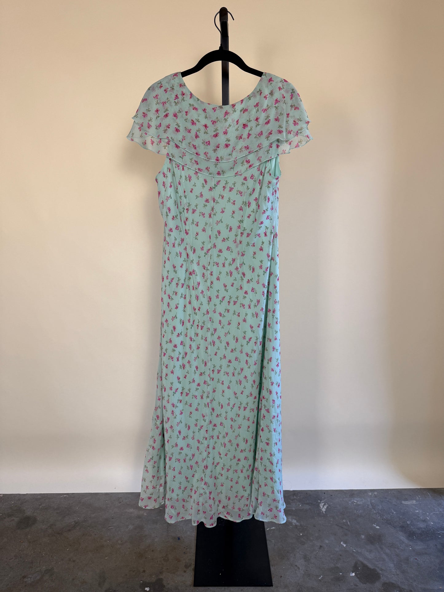 90s Mint Floral Midi Dress with Flutter Sleeves