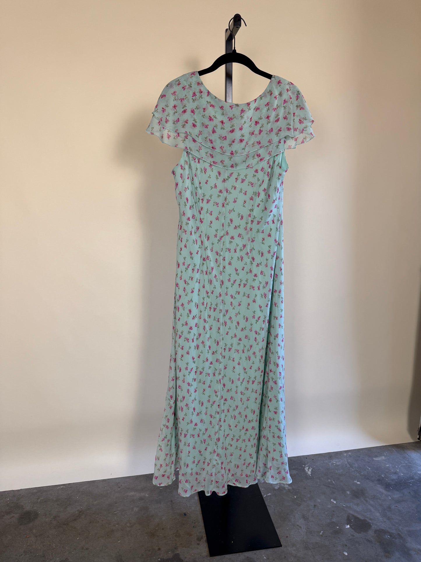 90s Mint Floral Midi Dress with Flutter Sleeves
