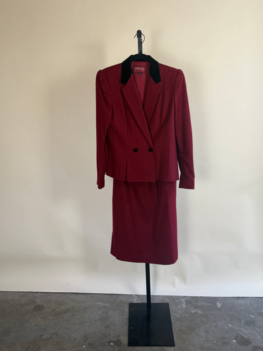 70s Burgundy Blazer & Skirt Suit Set with Velvet Collar