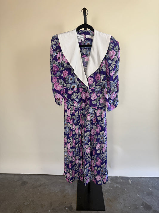 Gorgeous Purple Floral 80's Midi Dress