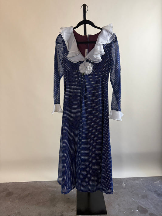 70s Polka Dot Prarie Dress with Flutter Collar & Flower Detail