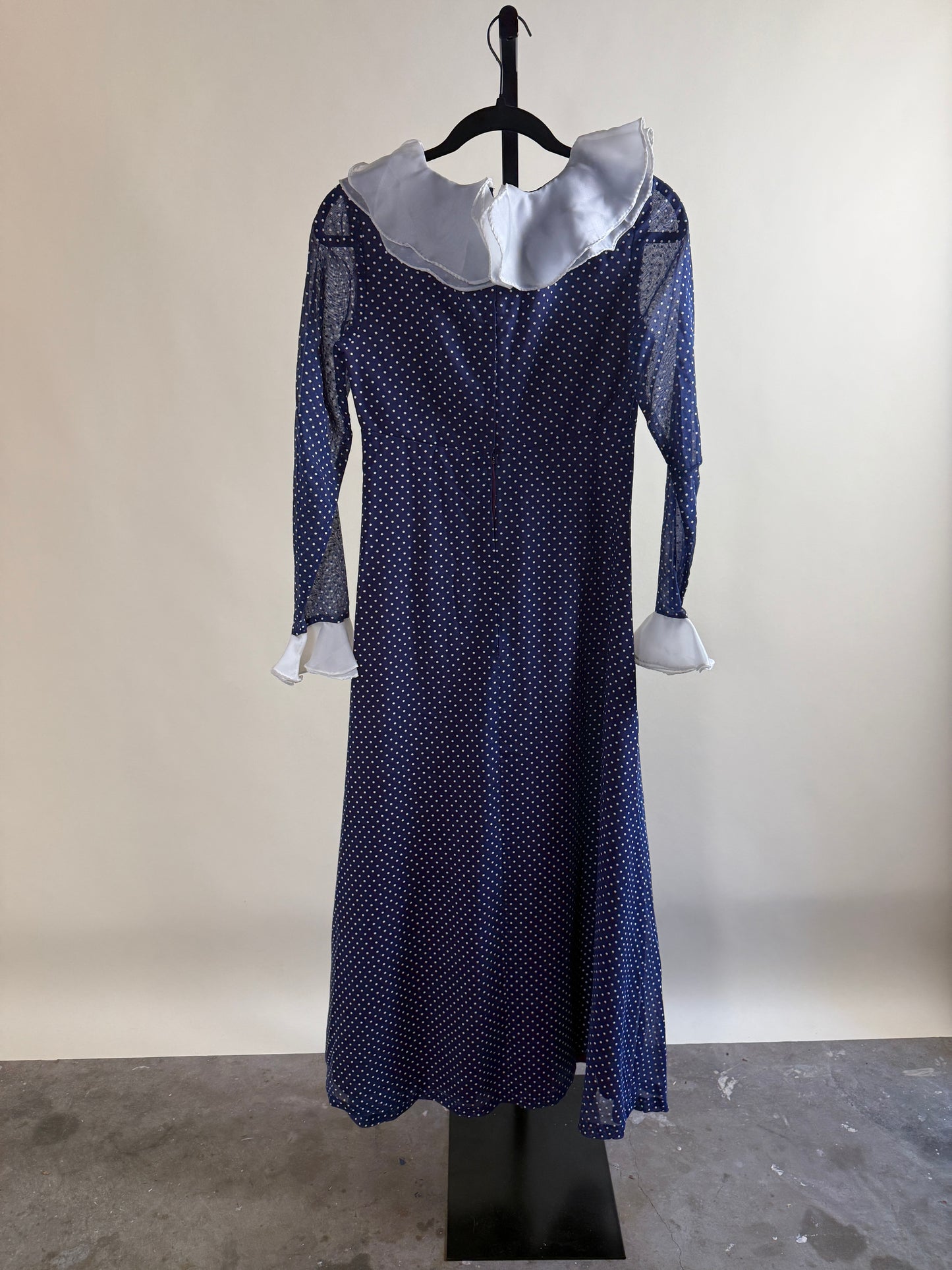 70s Polka Dot Prarie Dress with Flutter Collar & Flower Detail