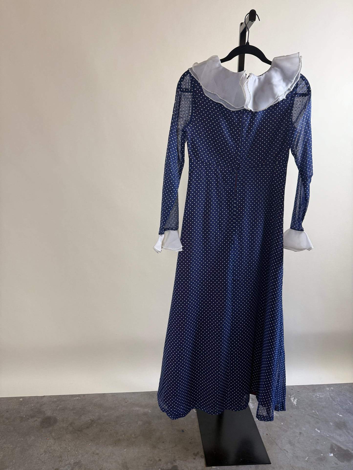 70s Polka Dot Prarie Dress with Flutter Collar & Flower Detail