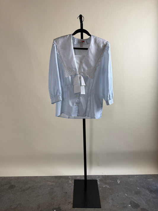 Sailor Style Pinstripe Blouse with Lace Collar & Bow