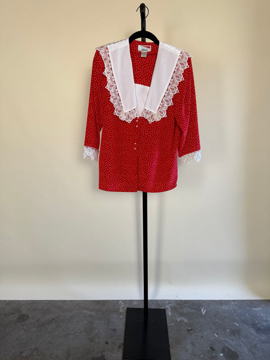 Red Polka Dot 80's Blouse with Lace Collar