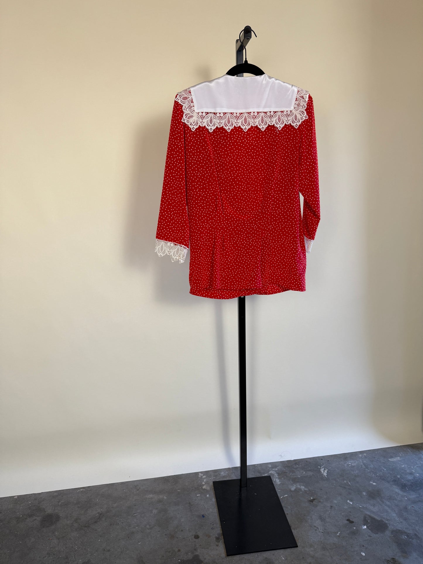 Red Polka Dot 80's Blouse with Lace Collar