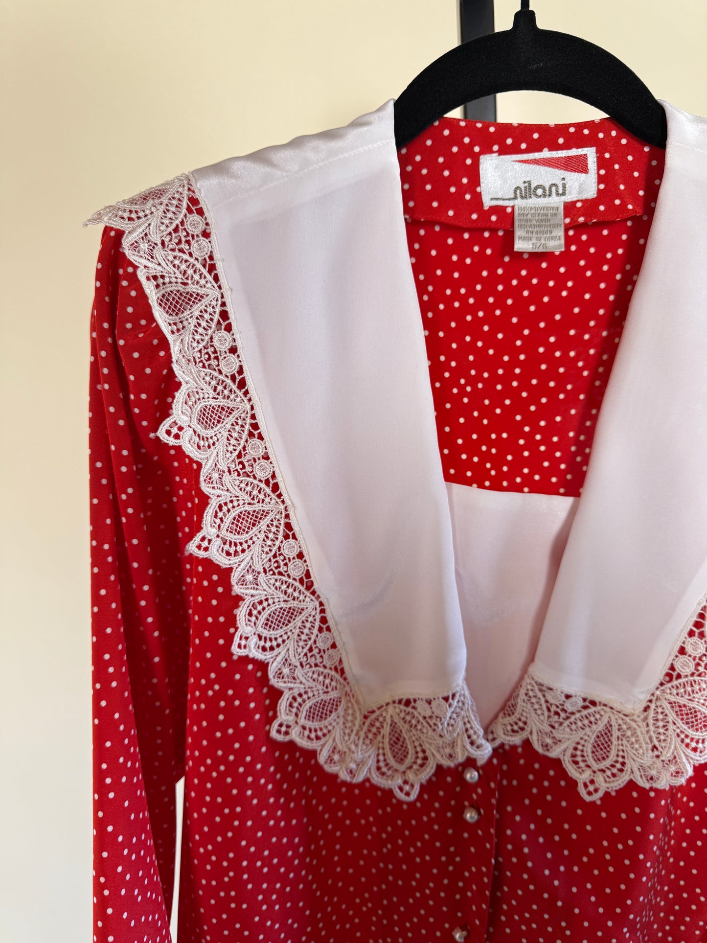 Red Polka Dot 80's Blouse with Lace Collar