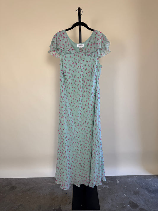 90s Mint Floral Midi Dress with Flutter Sleeves
