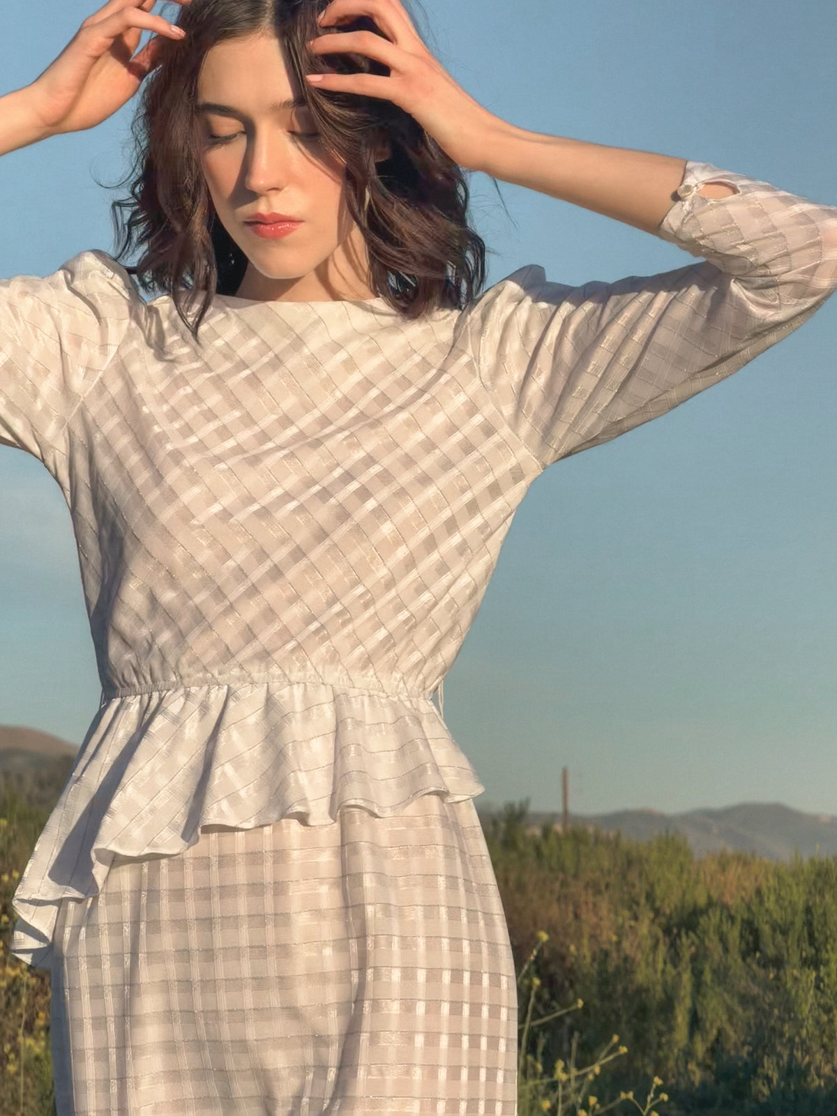 White & Silver 1940s Dress with Ruffle Detail