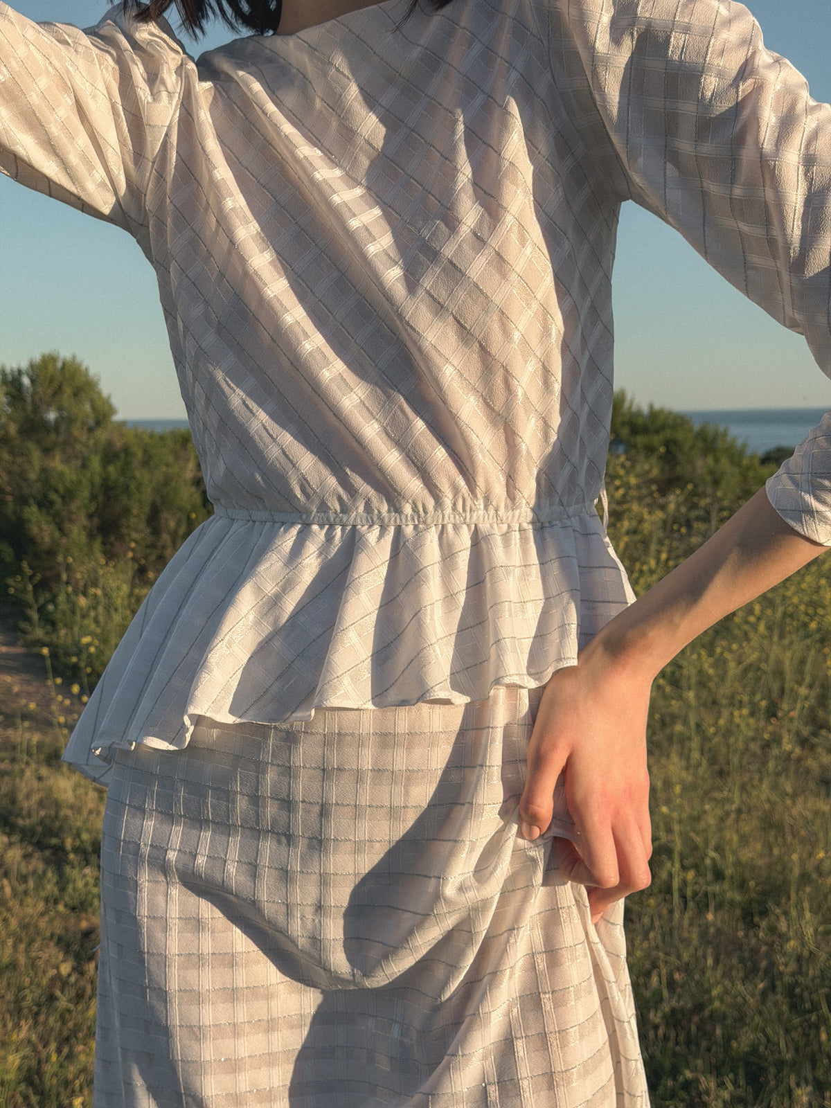 White & Silver 1940s Dress with Ruffle Detail
