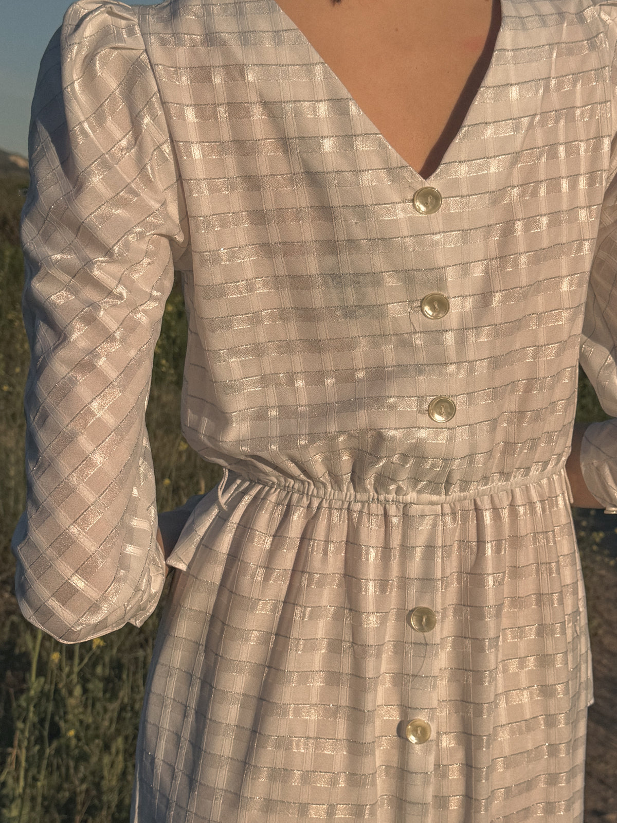 White & Silver 1940s Dress with Ruffle Detail