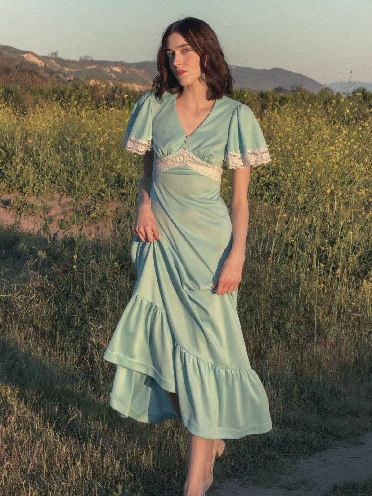 70s Prairie Maxi Dress in Baby Blue