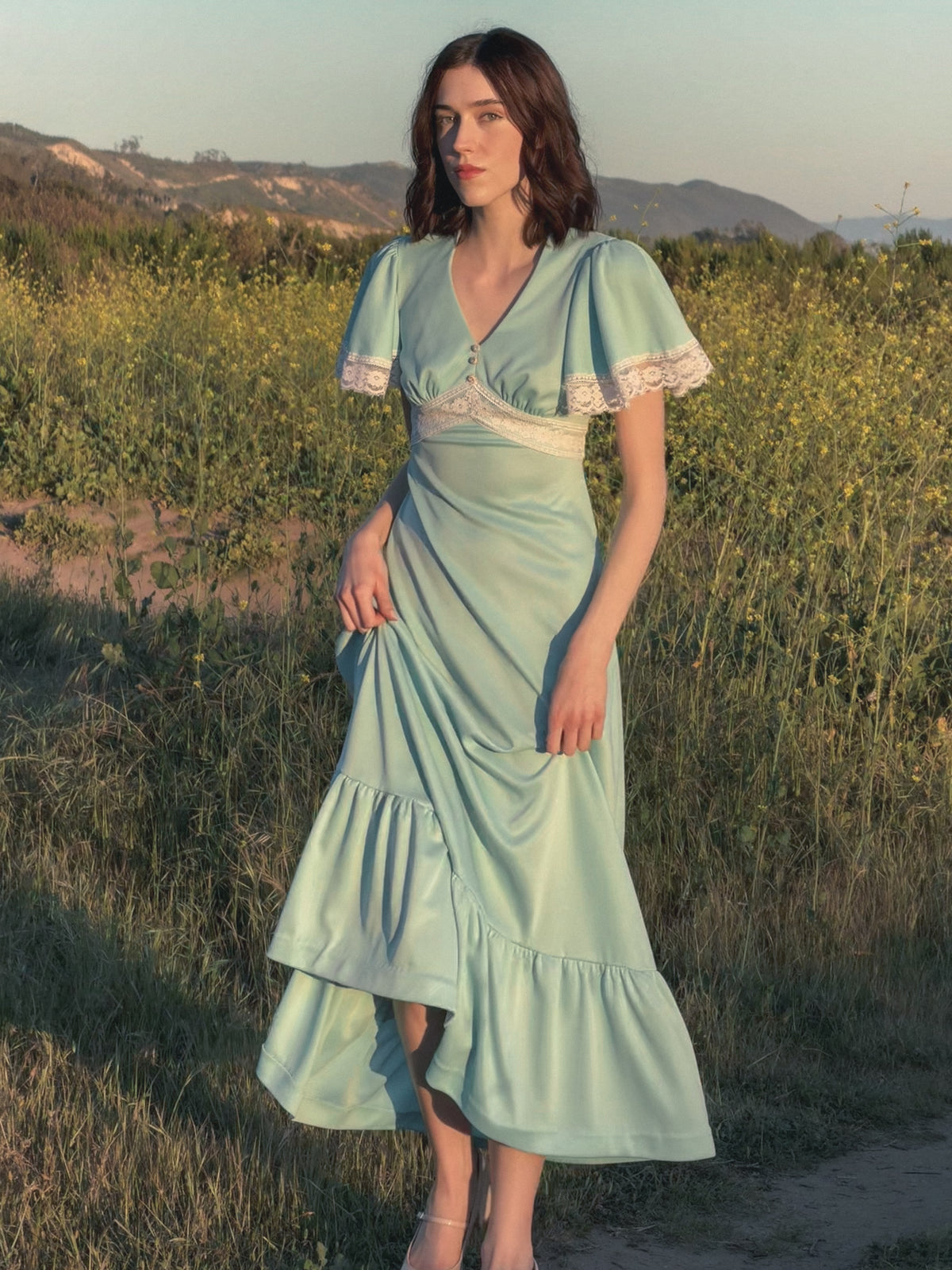 70s Prairie Maxi Dress in Baby Blue
