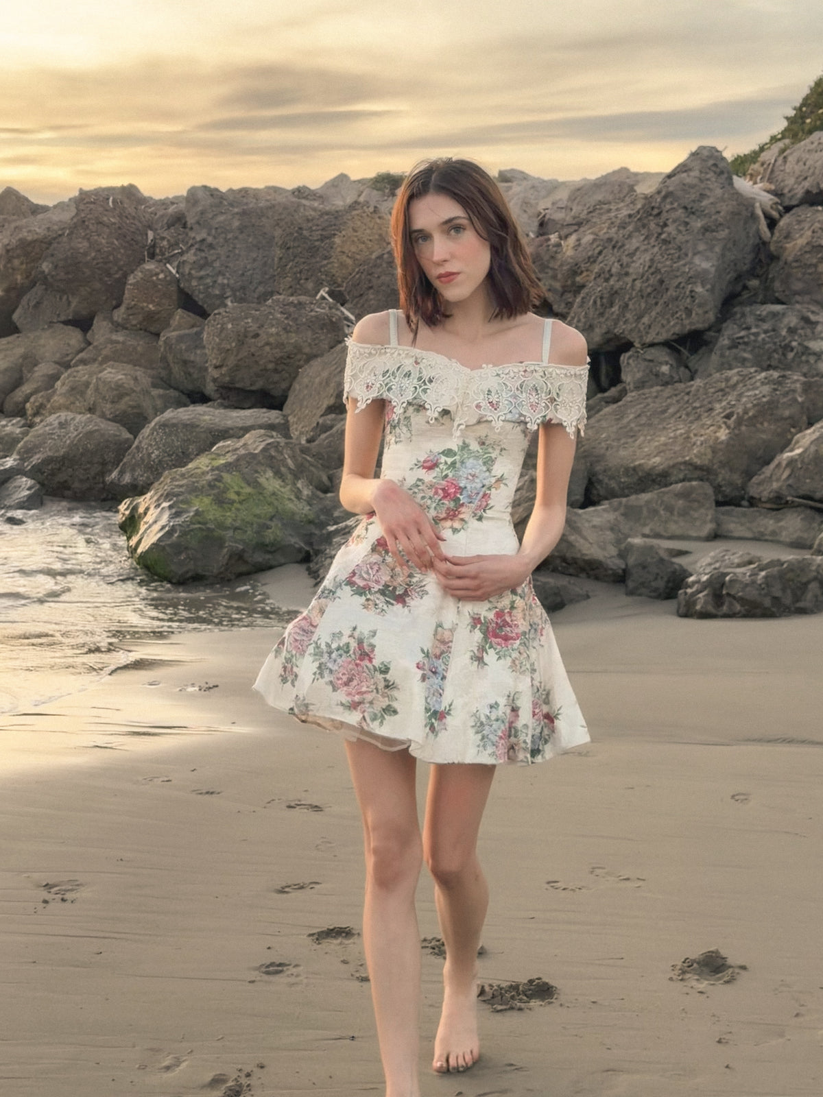Floral 80s Off-Shoulder Mini