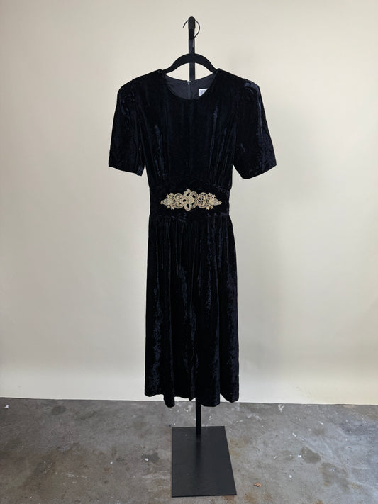 Classy Crushed Velvet Midi Dress with Gold Detail